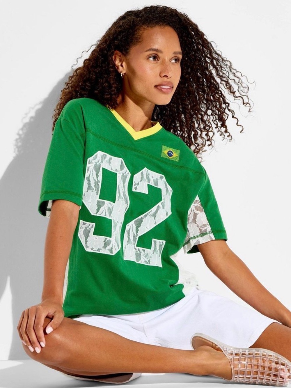 Green Brazil Number 92 Lace-Accent Jersey Top
